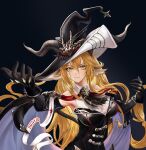  1girl animal_ears arknights armpits ascot bare_shoulders black_ascot black_background black_dress black_gloves black_hat blonde_hair blue_pupils breasts collared_shirt commentary degenbrecher_(arknights) degenbrecher_(the_shadow_of_the_dark_moon)_(arknights) detached_sleeves dress gloves goat_ears goat_girl goat_horns hat heyker_kun highres horns large_breasts looking_at_viewer official_alternate_costume shirt simple_background sleeveless sleeveless_shirt smile solo strapless strapless_dress upper_body white_shirt witch_hat yellow_eyes 
