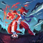  1:1 ambiguous_gender anthro b00b00keys bandai_namco betelgammamon blue_scarf claws cloud codpiece detailed_background digimon digimon_(species) elemental_manipulation fire fire_manipulation hi_res horn open_mouth red_body scarf solo tail teeth toe_claws white_body yellow_eyes 