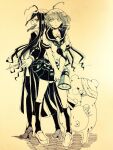  2girls ahoge bandaged_arm bandaged_hand bandaged_head bandages closed_mouth collared_shirt commentary_request danganronpa_(series) danganronpa_another_episode:_ultra_despair_girls eyelashes fukawa_toko genocider_sho glasses hatching_(texture) high_heels holding holding_megaphone holding_scissors holding_weapon kneehighs long_hair long_skirt long_sleeves long_tongue megaphone mole mole_under_mouth monochrome multiple_girls naegi_komaru navel necktie omochiko open_mouth school_uniform scissors serafuku shirokuma_(danganronpa) shirt shoes short_hair short_sleeves simple_background skirt socks standing teeth thighhighs tongue tongue_out torn_clothes torn_skirt upper_teeth_only weapon 