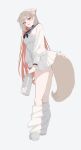  1girl animal_ears blush bottle brown_hair dress extra_ears fang fox_ears fox_girl fox_tail full_body highres holding holding_bottle leg_warmers long_hair long_sleeves multicolored_hair open_mouth orange_streaks original red_eyes short_dress simple_background skin_fang solo sorotu standing streaked_hair tail very_long_hair white_background white_dress 