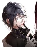  2girls black_gloves black_hair chief_(path_to_nowhere) female_chief_(path_to_nowhere) glasses gloves hand_on_another's_chin highres lipstick looking_at_another makeup multiple_girls official_alternate_costume official_alternate_hairstyle par_sato path_to_nowhere portrait red_lips shalom_(path_to_nowhere) simple_background updo white_background yuri 