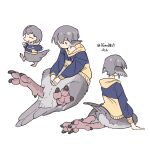  1girl animal_ears bang_dream! bang_dream!_it's_mygo!!!!! bird_ears bird_girl bird_legs bird_tail chibi chinese_commentary closed_eyes closed_mouth commentary_request full_body grey_fur grey_hair guagua977 hood hood_down long_sleeves looking_down monster_girl monsterification multiple_views open_mouth short_hair simple_background sitting smile sweatdrop tail takamatsu_tomori talons taur two-tone_hoodie white_background 