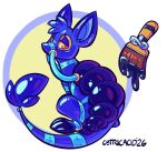 ambiguous_gender bedroom_sex big_ears blue_body bondage_harness bori_(neopets) brush cytricacid feral gas_mask glistening glistening_body hose implied_permanent implied_transformation infinity_symbol latex latex_body latex_skin long_tail mask neopet_(species) neopets paintbrush paintbrush_(neopets) pose rubbermon scutes solo straps symbol tail yellow_eyes