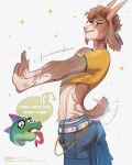  altkir anthro athletic athletic_anthro athletic_male belt bottomwear bovid brown_body brown_fur caprine clothed clothing denim denim_bottomwear denim_clothing dialogue duo ear_piercing english_text fur goat goat_(movie) green_body green_scales hi_res horn jeans komodo_dragon lizard male male/male mammal modo_olachenko monitor_lizard navel navel_piercing nose_piecing pants piercing raised_clothing raised_shirt raised_topwear reptile scales scalie shirt short_tail spikes_anatomy star_eyes tail text tongue tongue_out tongue_piercing topwear underwear white_body white_fur will_harris 