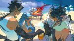  4girls alternate_costume arknights beach_umbrella black_hair blue_hair blue_hands blue_sky brother_and_sister brown_shorts chongyue_(arknights) cloud cluck_gugu colored_extremities commentary dragon_boy dragon_girl dragon_horns dragon_tail dress drink dusk_(arknights) english_commentary fire grill highres holding holding_drink horns ji_(arknights) jun_(arknights) ling_(arknights) long_hair multicolored_hair multiple_girls nian_(arknights) orange-tinted_eyewear outdoors pointy_ears shirt shorts siblings sitting sketch sky sleeveless sleeveless_dress standing streaked_hair tail tank_top tinted_eyewear towel umbrella unfinished upper_body visor_cap wang_(arknights) white_hair white_shirt white_tank_top yu_(arknights) 