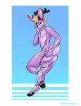  2_toes anthro antlers blonde_hair blue_eyes butt chest_tuft flynn_buck hair hooves horn hybrid inflatable jackalope lagomorph living_inflatable male mammal nozzle nude pink_skin rabbit rem rubber simple_background smile solo spots toes tuft 