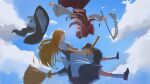 2girls absurdres apron back_bow black_hat black_shoes black_skirt black_vest blonde_hair bow braid broom broom_riding brown_eyes brown_hair chinese_commentary commentary_request detached_sleeves frilled_bow frilled_hair_tubes frilled_skirt frills gohei hair_bow hair_tubes hakurei_reimu hanashizuku2 hat hat_bow highres holding holding_gohei kirisame_marisa long_hair missing_headwear multiple_girls red_bow red_skirt ribbon-trimmed_sleeves ribbon_trim shoes side_braid single_braid skirt skirt_set socks touhou unworn_headwear upside-down vest waist_apron white_apron white_bow white_socks witch_hat yellow_eyes 