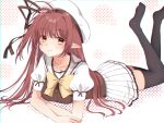  1girl beret black_thighhighs blush bow bowtie brown_hair brown_vest closed_mouth commentary_request frilled_skirt frills hat highres lisianthus long_hair lying mumei_(yr_0920) national_verbena_academy_school_uniform no_shoes on_stomach partial_commentary pleated_skirt pointy_ears puffy_short_sleeves puffy_sleeves ribbon school_uniform shirt short_sleeves shuffle! simple_background skirt smile solo the_pose thighhighs vest white_hat white_skirt yellow_bow yellow_bowtie yellow_eyes zettai_ryouiki 
