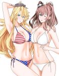  :d :q alternate_costume america american_flag american_flag_bikini arm_behind_head armpits bangs bikini blonde_hair blue_eyes blush breasts brown_hair cleavage commentary_request flag_print groin hair_between_eyes hand_around_wrist hand_on_another's_shoulder iowa_(kantai_collection) kantai_collection large_breasts long_hair looking_at_viewer multiple_girls navel nuko_(phylactery) one_eye_closed open_mouth ponytail saratoga_(kantai_collection) side-tie_bikini side_ponytail sidelocks simple_background smile smokestack_hair_ornament star star-shaped_pupils stomach swimsuit symbol-shaped_pupils thighs tongue tongue_out white_background white_bikini 