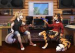  2018 alex_marx alexthecatte ansfrid_fjosne_(character) anthro canine clothing detailed_background digital_media_(artwork) duo fangs feline female fluffy fluffy_tail fur green_eyes guitar hair male mammal musical_instrument orange_fur poofroom skirt smile story story_in_description striped_fur stripes teeth tiger 
