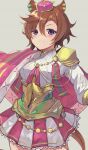  1girl absurdres animal_ears armor blush breasts cape closed_mouth commentary_request crown gold_corset hair_between_eyes highres horse_ears horse_girl horse_tail long_sleeves looking_at_viewer medium_breasts mini_crown misonikomi orange_hair orange_tail pink_cape pink_crown purple_eyes shirt short_hair shoulder_armor simple_background skirt solo t.m._opera_o_(o_sole_suo!)_(umamusume) t.m._opera_o_(umamusume) tail two-tone_skirt umamusume white_shirt 