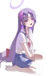  1girl absurdres barefoot between_legs blue_archive blue_skirt blush breasts fang flower full_body groin hair_flower hair_ornament halo hand_between_own_legs highres knees long_hair looking_at_viewer medium_breasts navel open_mouth parted_bangs purple_eyes purple_hair purple_halo risuuuu school_uniform serafuku short_sleeves simple_background sitting skirt solo very_long_hair wariza white_background white_serafuku yukari_(blue_archive) 