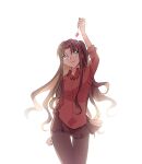  1girl aged_up arm_up black_pantyhose black_skirt blue_eyes brown_hair commentary_request fate/stay_night fate_(series) highres holding holding_jewelry jewelry long_hair long_sleeves miniskirt pantyhose pleated_skirt red_shirt redmin_0415 rin's_pendant_(fate) shirt simple_background skirt smile solo tohsaka_rin tohsaka_rin_(heaven's_feel) white_background 