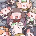  6+girls all_fours black_hair blonde_hair blush_stickers brown_hair chibi commentary_request everyone from_above ham_hukurokouji highres holding leader_(trickcal) long_bangs looking_at_viewer looking_up meme multiple_girls open_mouth pov pov_hands robe smile speakiposting_(meme) trickcal white_robe 