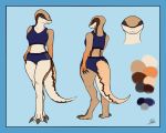  anthro atendedordeboludos blue_background bra breasts butt_pose claws clothed clothing female lizard looking_at_viewer model_sheet multiple_angles pose rear_view reptile scalie signature simple_background solo sports_bra toe_claws track_shorts underwear 