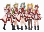  5girls :d ;) ;d ^_^ absurdres ahoge black_boots blonde_hair boots brown_eyes brown_hair brown_pantyhose closed_eyes crown emily_stewart green_eyes green_hair hand_up highres idolmaster idolmaster_million_live! idolmaster_million_live!_theater_days jacket kinarurikinari kinoshita_hinata long_hair long_sleeves looking_at_viewer mini_crown multiple_girls nagayoshi_subaru official_alternate_costume one_eye_closed overskirt pantyhose plaid_clothes plaid_jacket polka_dot polka_dot_pantyhose purple_eyes re_prologue_x_(idolmaster) red_jacket shimabara_elena short_hair simple_background skirt smile standing string_around_finger tokugawa_matsuri twintails white_background white_jacket white_overskirt white_skirt 