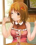  blush brown_eyes brown_hair eating eyebrows_visible_through_hair food food_on_face hair_ornament ice_cream idolmaster idolmaster_cinderella_girls indoors mimura_kanako one_eye_closed short_hair sleeveless solo spoon striped upper_body vertical_stripes yanngoto 