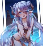  blue_eyes blush breasts cleavage collarbone commentary_request de_da_xianyu draph earrings granblue_fantasy hair_ornament hair_over_one_eye happy_birthday horns jewelry lavender_hair letter lighthouse long_hair looking_at_viewer love_letter medium_breasts narmaya_(granblue_fantasy) open_mouth pointy_ears solo star star_earrings swimsuit very_long_hair 