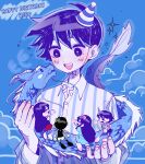 2girls 3boys antenna_hair aubrey_(headspace)_(omori) aubrey_(omori) black_hair blue_background blue_pajamas blush bright_pupils brother_and_sister brothers character_name closed_eyes collarbone collared_pajamas colored_skin commentary_request double-parted_bangs dragon hair_between_eyes happy_birthday hero_(headspace)_(omori) hero_(omori) highres kel_(headspace)_(omori) kel_(omori) korean_commentary long_hair long_sleeves looking_at_another mari_(headspace)_(omori) mari_(omori) mini_person miniboy minigirl multiple_boys multiple_girls omori omori_(omori) omori_hammer open_mouth pajamas purple_eyes purple_hair short_hair siblings smile striped_clothes striped_pajamas teeth tongue two-tone_pajamas upper_teeth_only vertical-striped_clothes vertical-striped_pajamas white_pajamas white_pupils white_skin 