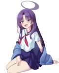  1girl absurdres blue_archive blue_skirt blush breasts commentary cowboy_shot eyeliner fang hair_ornament halo hand_on_floor hand_on_own_thigh haori highres japanese_clothes long_hair looking_at_viewer makeup medium_breasts open_mouth purple_eyes purple_hair purple_halo risuuuu school_uniform serafuku sitting skirt solo untranslatable_commentary white_background white_serafuku yukari_(blue_archive) 