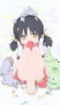  1girl absurdres apple barefoot black_hair candy commentary_request covering_crotch covering_privates dress food fruit hair_bobbles hair_ornament highres kaai_yuki kou_koufu legs_together looking_at_viewer medium_hair mole on_floor pinafore_dress red_dress shirt short_sleeves short_twintails simple_background sitting sleeveless sleeveless_dress solo stuffed_animal stuffed_toy stuffed_toy_on_head twintails vocaloid white_background white_shirt yellow_eyes 