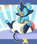  2016 3_toes ageplay ambiguous_gender anthro blue_body blue_fur blurred_background blush bubblepuppers clothed clothing diaper digital_media_(artwork) feet felid feral fur generation_4_pokemon hi_res hindpaw in_crib infantilism luxio mammal nintendo pacifier paws pokemon pokemon_(species) quadruped roleplay solo toes toony wearing_diaper yellow_eyes 