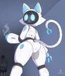 4_fingers :< anthro anthrofied arm_cannon arm_tattoo artist_logo bellabot black_face blue_eyes blue_fingers blue_inner_ear blue_mouth blue_nose blue_pawpads cel_shading cheek_tuft claws club_arms domestic_cat electricity_symbol facial_tuft featureless_butt felid feline felis female fingers floating_fingers for_a_head futuristic_gun hi_res inside ka-t left-handed logo looking_at_viewer looking_back looking_back_at_viewer low-angle_view machine mammal object_head pawpads portrait pudu_robotics raised_tail razgrizdl robot robot_anthro robot_joints screen screen_face screen_head segmented_body segmented_tail shaded shooting_range smoke smoking_gun solo tail tail_claws target target_practice tattoo thick_thighs three-quarter_portrait tuft warning_symbol white_body wide_hips