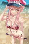  bare_shoulders beach bikini breasts cleavage collarbone day fate/grand_order fate_(series) groin hat highres kesoshirou long_hair medb_(fate)_(all) medb_(fate/grand_order) navel ocean outdoors pink_hair red_bikini solo swimsuit whip yellow_eyes 