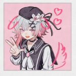  1girl :d beret black_choker black_hat choker commentary drawn_ears drawn_heart drawn_tail fang flower gradient_hair hair_ornament hat hat_flower highres looking_at_viewer mahou_shoujo_no_majo_saiban multicolored_hair pink_eyes sakuraba_ema short_hair skin_fang smile solo superbigneet untranslatable_commentary w white_flower white_hair x_hair_ornament 