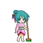  1girl :o aqua_eyes aqua_hair barefoot black_outline blush broom chibi chibi_only full_body game_asset hair_bun hair_ornament hair_ribbon hair_stick hatsune_miku hatsune_miku_graphy_collection holding holding_broom japanese_clothes kimono looking_at_viewer obi obiage obidome obijime open_mouth outline pink_kimono pink_ribbon ribbon sash short_kimono single_hair_bun solo standing striped_clothes striped_kimono tasuki transparent_background v-shaped_eyebrows vertical-striped_clothes vertical-striped_kimono vocaloid 