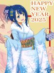  1girl 2025 aqua_kimono bag blue_eyes blue_hair commentary_request dated floral_print floral_print_kimono fur-trimmed_kimono fur_trim happy_new_year highres holding holding_bag japanese_clothes kimono koma_inu_(komainu_mainu) long_sleeves looking_at_viewer make_heroine_ga_oo_sugiru! new_year obi open_mouth print_kimono sash signature smile solo wide_sleeves yanami_anna 