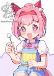  1girl animal_ears blue_overalls blush bow casual commentary_request ear_bow ear_cleaning ear_covers flower-shaped_pupils flower_in_eye hairband haru_urara_(casual)_(umamusume) haru_urara_(umamusume) headband holding horse_ears horse_girl horse_tail long_hair mimikaki open_mouth overall_shorts overalls pink_hair pink_headband pink_shirt ponytail red_headband ribbon shirt short_sleeves smile symbol-shaped_pupils symbol_in_eye tail umamusume yoshiharu_izumi 