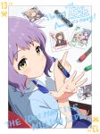  1girl absurdres amami_haruka anniversary blue_shirt border chair closed_mouth copyright_name handa_roco happy_anniversary highres holding holding_marker houraijin idolmaster idolmaster_million_live! idolmaster_million_live!_theater_days looking_at_viewer looking_to_the_side makabe_mizuki marker on_chair photo_(object) purple_hair shirt short_hair sitting solo table tenkubashi_tomoka toyokawa_fuka turning_head white_border yellow_eyes 