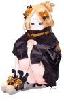  abigail_williams_(fate/grand_order) alternate_hairstyle artist_name bandaid_on_forehead bangs belt black_bow black_footwear black_jacket blonde_hair blue_eyes blush bow chanokaki closed_mouth commentary_request fate/grand_order fate_(series) forehead hair_bow hair_bun half-closed_eyes heroic_spirit_traveling_outfit high_collar highres jacket knees_up legs long_hair looking_at_viewer orange_bow parted_bangs polka_dot polka_dot_bow shoes simple_background sitting sleeves_past_fingers sleeves_past_wrists sneakers solo thighs white_background 
