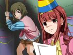  2girls baseball_bat blue_sleeves brown_shorts closed_mouth green_hair hairband hat holding holding_baseball_bat idolmaster idolmaster_million_live! indoors jacket letterman_jacket long_hair multiple_girls nagayoshi_subaru party_hat pink_jacket red_eyes red_hair rocktaso_co_ltd short_hair shorts smile standing tanaka_kotoha yellow_hairband 