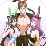  10oclock00 1boy 2girls animal_ear_hairband animal_ears black_hair black_leotard black_nails bow bowtie breasts brown_hair cat_ears cat_hair_ornament cleavage closed_mouth commentary commission covered_navel earrings fake_animal_ears fang fish_skeleton_necklace freckles green_bow green_bowtie green_nails hair_bow hair_ornament hairband heart heart_pasties highres jewelry leotard male_playboy_bunny multiple_girls navel one_eye_closed original pasties pink_eyes pink_hair playboy_bunny purple_bow purple_bowtie rabbit_ears rabbit_tail red_bow red_bowtie simple_background skin_fang smile strapless strapless_leotard tail white_leotard wrist_cuffs yellow_eyes 