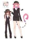  2girls alternate_costume black_hat black_jacket black_pants black_shoes black_skirt black_suit black_vest black_wings bow broken_heart broken_heart_hair_ornament brown_hair camila_(vtuber) collared_shirt commentary dgucedunno english_commentary evil_neuro-sama full_body hair_between_eyes hair_ornament hair_ribbon hat heart heart_hair_ornament high_heels highres jacket lapels long_hair long_sleeves looking_at_viewer miniskirt multicolored_hair multiple_girls notched_lapels pants pencil_skirt pink_hair purple_bow purple_scarf red_eyes red_ribbon ribbon scarf shirt shoes single_wing skirt skirt_suit standing streaked_hair suit suit_jacket tail tail_bow tail_ornament tomodachi_life tomodachi_life:_living_the_dream two_side_up vedal_ai vest virtual_youtuber white_hair white_shirt wings 