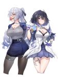  2girls absurdres animal_print asymmetrical_gloves ball_gag black_hair blue_eyes blue_gloves blue_hair blue_skirt blush breasts bronya_zaychik bronya_zaychik_(outstanding_attitude) bronya_zaychik_(silverwing:_n-ex) butterfly_print chinese_commentary cleavage closed_mouth clothes_tug clothing_cutout collarbone collared_dress colored_inner_hair commentary_request cropped_legs dress drill_hair floral_print gag gagged gloves gradient_hair grey_hair grey_sweater hair_between_eyes hair_ornament hand_on_own_hip highres holding holding_id_card honkai_(series) honkai_impact_3rd id_card jacket large_breasts leaf_print long_hair looking_at_another medium_breasts medium_hair mismatched_gloves multicolored_hair multiple_girls official_alternate_costume open_clothes open_jacket pantyhose pencil_skirt pout purple_eyes seele_vollerei seele_vollerei_(apho) short_hair simple_background skirt sweat sweater thigh_strap thighs two-tone_dress two-tone_hair very_long_hair white_background white_dress wiffle_gag yuri zieeal 