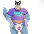  anthro australian_cattle_dog bandit_heeler biped blue_body blue_fur bluey_(series) canid canine canis cattledog clean_diaper clothed clothing daire301 diaper digital_media_(artwork) domestic_dog english_text fur herding_dog hi_res male mammal mature_anthro mature_male multicolored_body multicolored_fur pastoral_dog purple_clothing purple_shirt purple_topwear shirt simple_background smile solo teeth text topwear wearing_diaper white_background 
