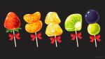  artist_name black_background bow commentary_request food food_focus fruit grapes highres kiwi_(fruit) kiwi_slice no_humans orange_(fruit) original pineapple pineapple_slice red_bow rizu_(rizunm) simple_background strawberry toothpick 