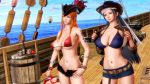  2girls 3d apple barrel belt blue_eyes bottle bracelet breasts brown_eyes cannon cleavage curvy denim denim_shorts food fruit glass hat hips jewelry large_breasts long_hair multiple_girls nami_(one_piece) navel nico_robin one_piece outdoors pirate_hat sea ship shorts sky stomach tattoo top_bikini watercraft wide_hips 