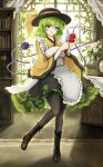  1girl alternate_costume apple apron backlighting black_hat black_skirt book bookshelf boots bow brown_boots brown_pantyhose commentary_request disembodied_linked_eye eyeball floral_print flower food fruit full_body green_eyes green_hair green_skirt hat hat_bow heart heart_of_string highres holding holding_food holding_fruit holding_knife indoors japanese_clothes kimono knife koishi_day komeiji_koishi lace-up_boots long_sleeves looking_at_viewer maid maid_apron medium_hair namiki_(remiter00) open_mouth pantyhose print_skirt rose rose_print shadow skirt smile solo touhou two-tone_skirt vase wa_maid white_apron white_flower white_rose wide_sleeves window yellow_bow yellow_kimono 