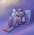  2018 anthro convenient_censorship dipstick_ears disney female fuel_(artist) judy_hopps lagomorph looking_up lying mammal nude on_back pillow purple_eyes rabbit simple_background solo zootopia 