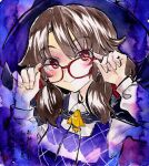  1girl adjusting_eyewear black_cape black_hat brown_hair cape closed_mouth collared_shirt commentary_request glasses hand_on_eyewear hat highres kabaji long_sleeves looking_at_viewer one-hour_drawing_challenge purple_background purple_vest red-framed_eyewear red_eyes shirt smile solo touhou traditional_media translation_request usami_sumireko vest white_shirt 