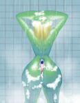 amphibian anthro bathing big_butt blonde_hair butt female frog froppei_(salcamanj) green_body green_skin hair hi_res object_between_cheeks rear_view salcamanj_(artist) showering soap solo wet