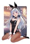  1girl animal_ear_hairband animal_ears black_bow black_bowtie black_leotard black_shoes blue_eyes bottle bow bowtie breasts character_request cleavage commentary_request copyright_request detached_collar fake_animal_ears fake_tail fishnet_pantyhose fishnets full_body hair_bow hairband high_heels highres leotard long_hair looking_at_viewer open_mouth pantyhose playboy_bunny rabbit_ear_hairband rabbit_ears rabbit_tail shoes side-tie_leotard sitting solo tail wariza white_hair white_wrist_cuffs wrist_cuffs yoshii_yumi 