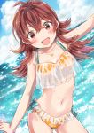  :d arm_up blush breasts cloud collarbone commentary_request day hair_between_eyes highres idolmaster idolmaster_shiny_colors jewelry komiya_kaho long_hair looking_at_viewer medium_hair navel necklace ocean okouka_(gyunyutabetai) open_mouth red_eyes red_hair ribbon sky smile solo swimsuit 