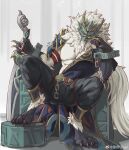  1boy abs absurdres artist_name bara chinese_commentary claws commentary_request cuffs dated fangs furry furry_male head_on_hand highres holding holding_sword holding_weapon honkai:_star_rail honkai_(series) hoolay_(honkai:_star_rail) looking_at_viewer male_focus masked muscular muscular_male okari_01 partially_undressed pectorals shackles sitting sword watermark weapon weibo_username weibo_watermark wolf_boy 