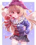  1girl absurdres alternate_costume american_flag american_flag_print american_flag_shirt black_skirt blonde_hair blue_shirt blush breasts chinese_commentary clownpiece commentary_request fairy_wings flag_print hair_between_eyes hat highres holding holding_removed_eyewear jester_cap long_hair long_sleeves looking_at_viewer neck_ruff open_mouth polka_dot polka_dot_headwear print_shirt red_eyes red_shirt shirt skirt small_breasts solo star_(symbol) star_print thighhighs top-exerou torch touhou unworn_eyewear very_long_hair white_thighhighs wings 