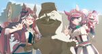 2girls :d ;d absurdres animal_ears artist_collaboration beamed_sixteenth_notes belt blue_sky bow bowtie brown_hair buc-ee's commentary day ear_covers ears_through_headwear eighth_note english_commentary forever_young_(racing)_(umamusume) forever_young_(umamusume) glint green_bow green_bowtie hand_puppet hat hat_ornament highres horse_ears horse_girl jacket jewelry long_hair long_sleeves looking_at_viewer marche_lorraine_(racing)_(umamusume) marche_lorraine_(umamusume) medium_hair mouhantain multicolored_hair multiple_girls musical_note musical_note_hat_ornament necktie one_eye_closed open_mouth outdoors peemy puppet purple-tinted_eyewear purple_eyes red_belt red_hat red_jacket ring skirt sky smile statue streaked_hair tinted_eyewear umamusume v white_belt white_jacket white_necktie white_skirt white_streaks 